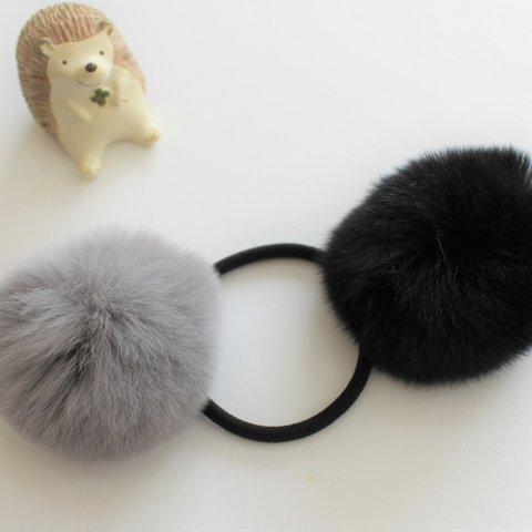 【New】ラビットファーのヘアゴム　グレー×ブラック