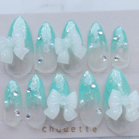 ネイルチップつけ爪 ミントブルー 3D リボン ワンホン韓国量産型姫可愛い綺麗清楚系