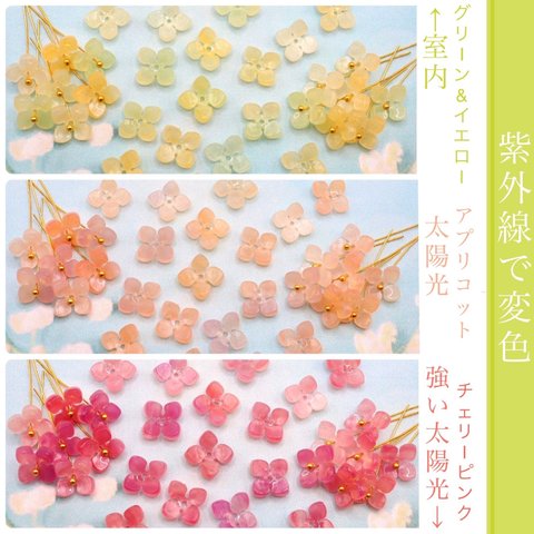 オリジナル★ 変色するお花のアセテートパーツ　アジサイ　クローバー　　グリーンイエロー→オレンジピンク