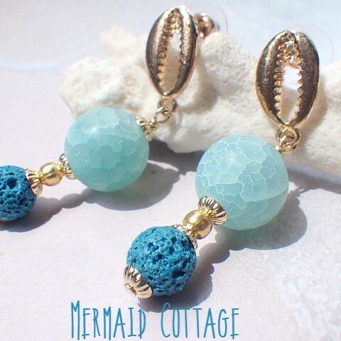 Cowrie Shell Ocean Diffuser Earrings L ☆アロマピアス