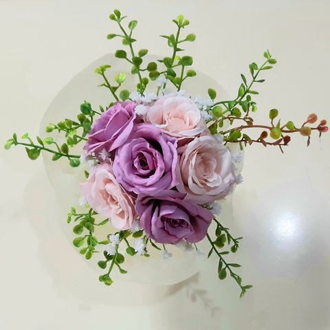 【造花　お花インテリア】ピンクとパープルのバラのミニブーケ