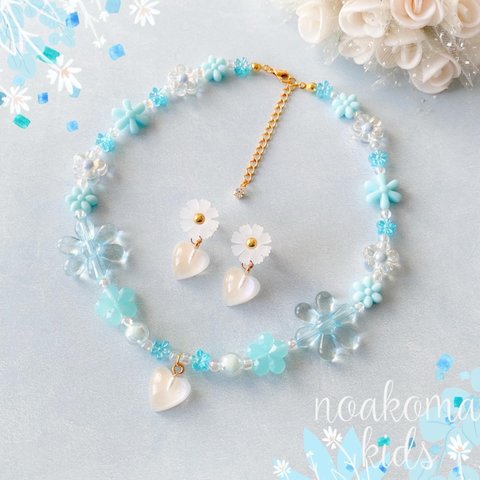 little princess＊ light blue flower キッズイヤリング キッズ ネックレス セット ＊ キッズアクセサリー 女の子 プレゼント 誕生日 子供 小学生 花 首飾り ブルー