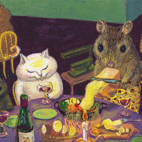 45. カマノレイコ　猫ポストカード２枚組　「ねずみのレストラン」