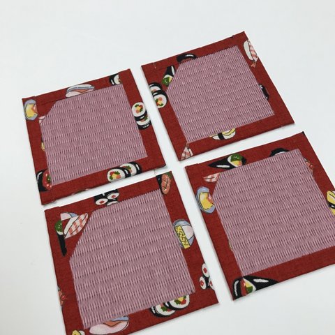 お寿司柄のピンクメセキ畳の可愛コースター4枚組No.193
