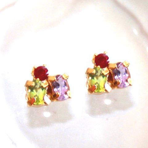 - berry cake - Ruby & Amethyst & Peridot Earrings