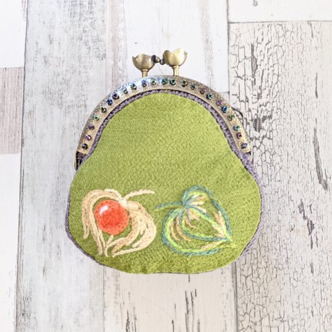 手刺繍 ほおずきがまぐちポーチ、送料無料!