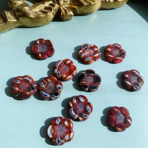 【2コセット】JIRI＊IVANA#czech beads#チェコビーズ　flower5petals red black irregular stripe