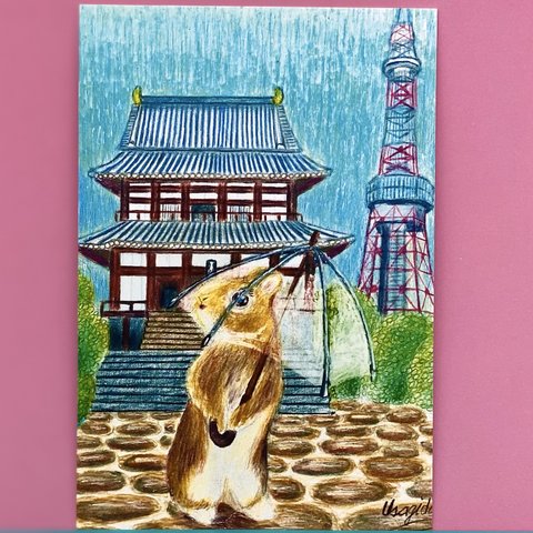[増上寺と東京タワーと雨の日の僕☂️]うさぎポストカード3枚セット　石畳　ビニール傘　