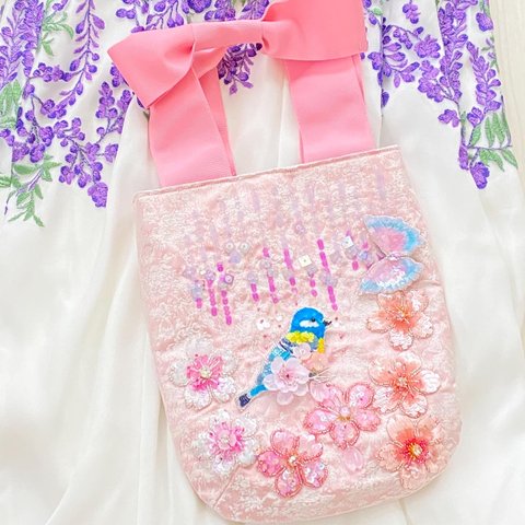 桜と藤花のリボントートバッグ　オートクチュール刺繍　
