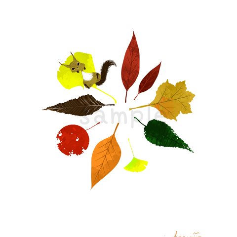 落ち葉とリス 秋のインテリアポスター A4