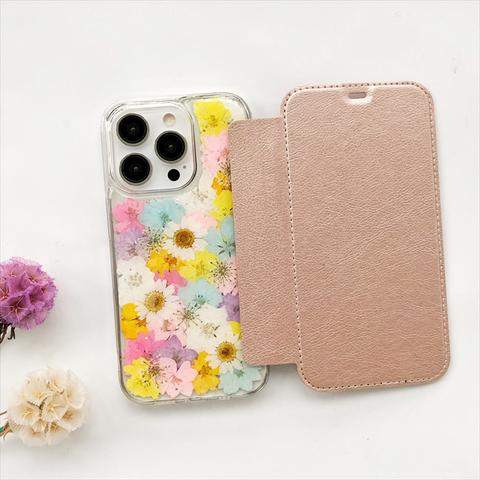  ❤千鳥草 選べる5色 スマホリング 押し花【手帳型スマホケース】 iPhone14 Pro /13Pro/12Pro/SE/11Pro/XR/XS/8/7 iPhoneケース 