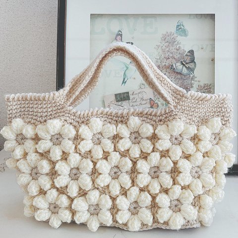 【リニューアル❀受注製作】お花モチーフの手編みスクエアバッグ