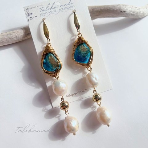 POWERCHARM®ピアス･イヤリング≫long freshwater pearls Turquoise：サージカルステンレス