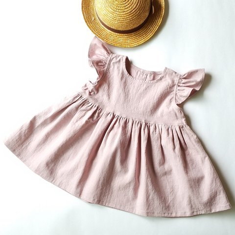 ハーフリネンのワンピース　くすみピンク　ベビー服　80cm