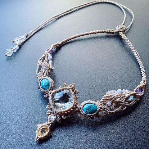 garden quartz × blue copper turquoise  / bohemian necklace #マクラメネックレス#