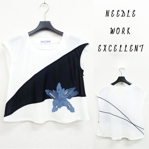 【NEEDLE WORK EXCELLENT】フレンチスリーブＴブラウス　斜め　生成×黒×ブルー