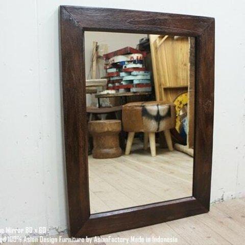 古材 古木 オールドチーク材のミラー 80cm×60cm アンティークブラウン 壁掛け鏡 チーク無垢材フレーム