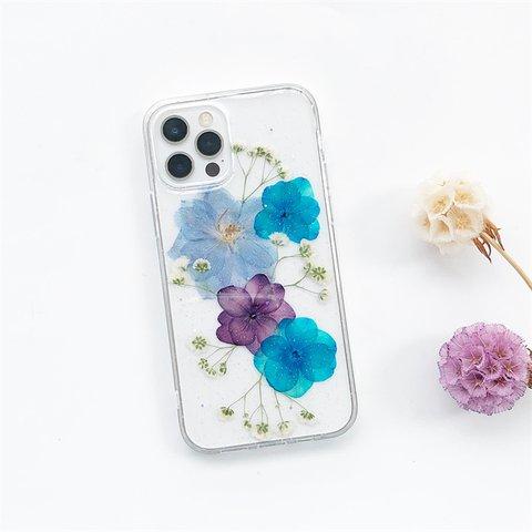 『紫陽花とかすみ草』スマホリング 押し花ケース iPhone14Pro/13/SE/XPERIA10IV/GalaxyS23/AQUOS iPhoneケース スマホケース 