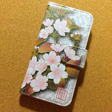 和柄 美しい サクラ 桜 花柄 白ベース 灰色小花 No.1 全機種対応 スマホケース 手帳型ケース カメラ穴加工あり