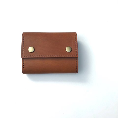 本革mini wallet 鍵も付けれる三つ折り財布　キャメル　キーケース　小さい　ミニ財布