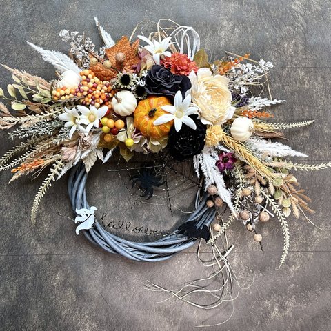 No.wreath-15466★ハロウィンリース22-(3) クモの巣&パンパス&パンプキン　40x50cm・アーティフィシャルフラワー/造花リース/ハロウィンリース/大型リース