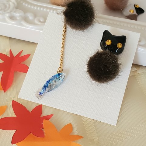 【再販】さんまとニャンコ達　黒猫　ピアス☆イヤリング　もふもふ