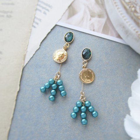 Green oval ×pearl earring／pierce*4018*