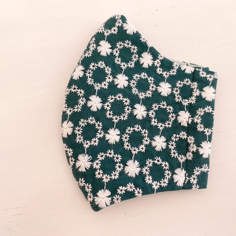 刺繍入りおしゃれレース　子供立体マスク Green 