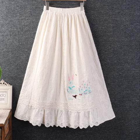 夏服の新作 刺繍 綿麻 ハーフスカート