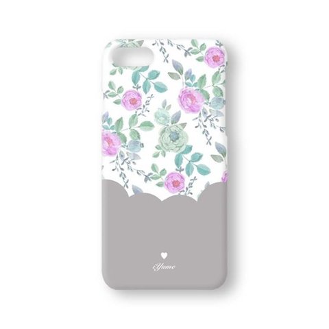 Feminine floral case＊グレー　名入れ ハードケース iPhone13 XS Max XS X 8 8Plus 7 7Plus SE Xperia ria/Galaxy/ARROWS