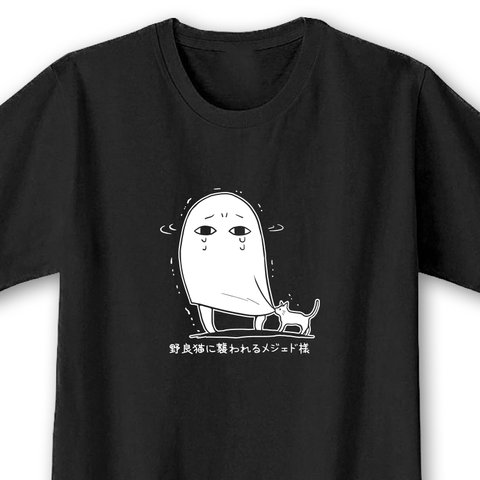 野良猫に襲われるメジェド様【ブラック】ekot Tシャツ <イラスト：タカ（笹川ラメ子）>