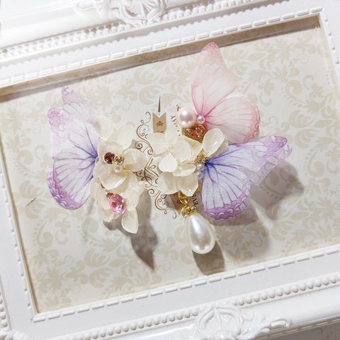 シフォン蝶々と紫陽花イヤーカフ＆ピアス　ピンクパープル