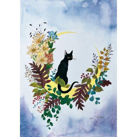 A4サイズ　アートポスター「クロネコと秋の月」