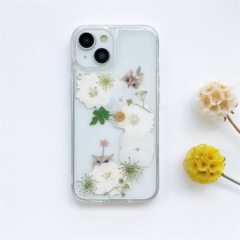 『千鳥草＆猫柄』 スマホリング 押し花ケース iPhone14Pro/13/SE/XPERIA10IV/GalaxyS23/AQUOS iPhoneケース スマホケース 