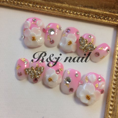 和風＊シアーホワイト♡ピンクグラデ＊3Ｄお花ネイル