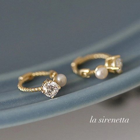 受注製作 ピアス ＊ pearl zirconia connect hoop pierce