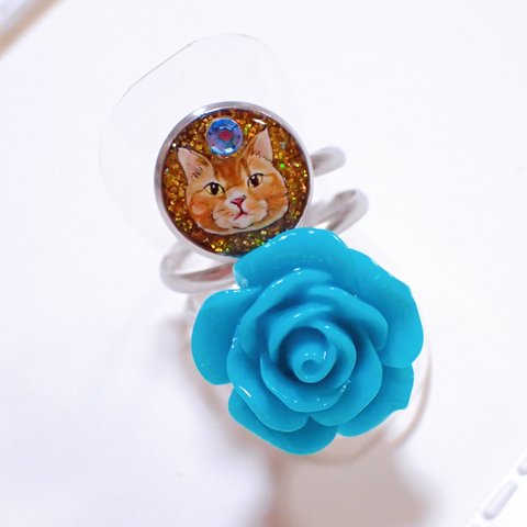 薔薇と猫ちゃんの二重リング指輪 フォークリング 指輪 エメラルドグリーン ステンレス レジン オープンリング ねこ