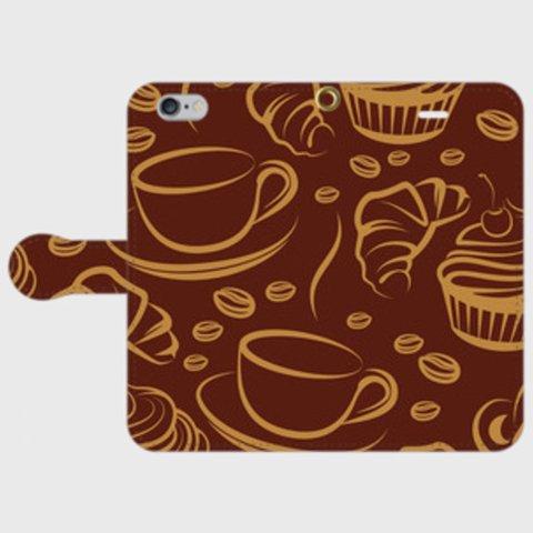 送料無料  iPhone6/6s  対応機種多数 手帳型  『大きめなコーヒーとパン模様』