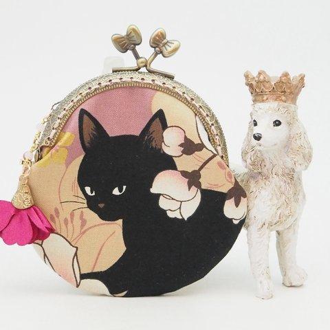  受注製作「黒猫と牡丹・ピンク」がま口ポーチ(口金8.5センチ)