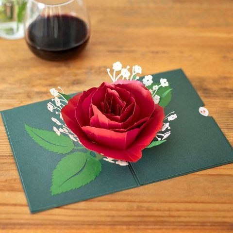 ポップアップグリーティングカード　Red Rose Bloom