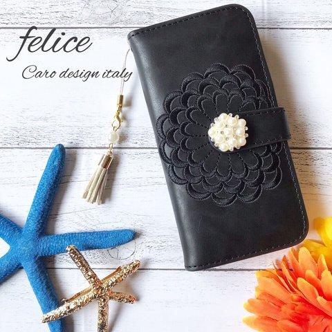 【新作】iphoneX手帳型iphoneケース レザー花柄 刺繍　ブラック