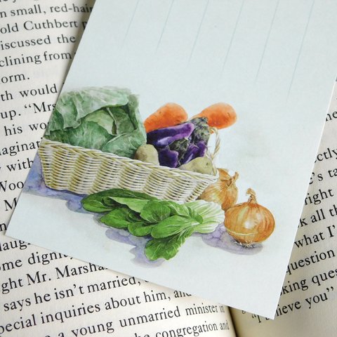 水彩画一筆箋304「籠と野菜」２５枚