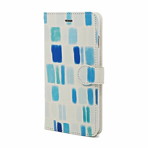 手帳型スマホはめ込み式ケース・ベルト有り　かわいい青や水色のタイル柄　tileブルー　送料無料