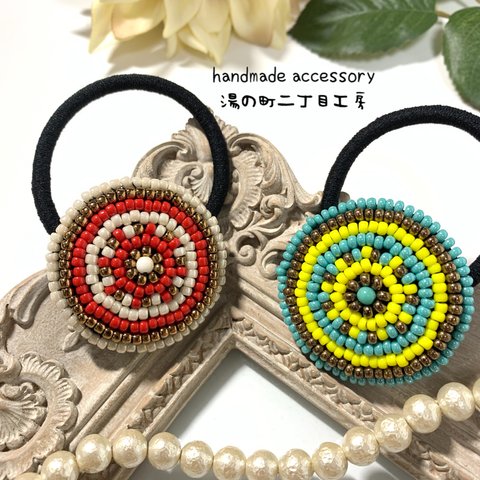 エスニック風×ビーズ 刺繍ヘアゴム 