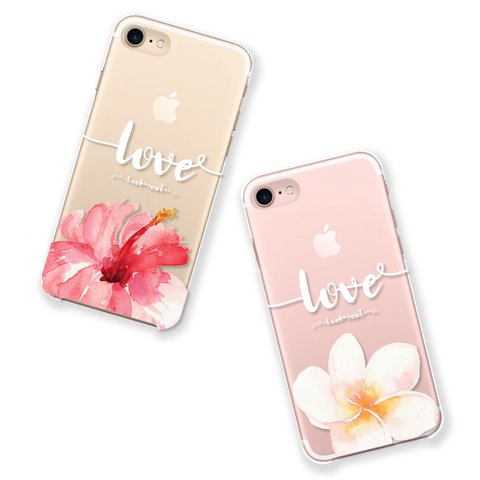 LOVE＊(ハイビスカス or プルメリア)　iPhone12/iPhone11Pro/iPhoneXS/iPhoneXR/iPhoneXSMax/iPhone8/iPhoneSE/クリアケース