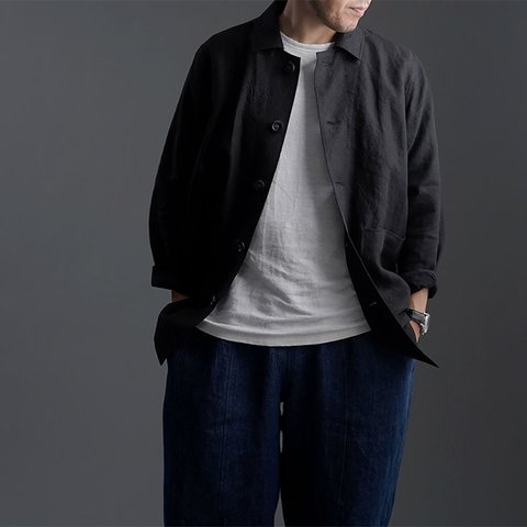 【L】Linen Jacket　カバーオール 男女兼用 /ブラック h031c-bck2-l