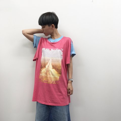 リメイクTシャツ・スリット袖・ピンク