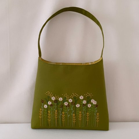 【ハンドバッグ】草花手刺繍･綿麻ハンドバッグ･抹茶色【くが屋】