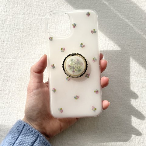 【kindness/white】 スマホリング付き　押し花スマホケース　SE2 8 X 11 15 pro 6 12 13 14 android 全機種対応 ソフトケース　花柄　小花　春　ホワイト