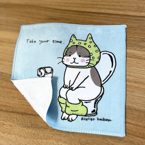 ミニタオルハンカチ    トイレねこ 水色　#猫